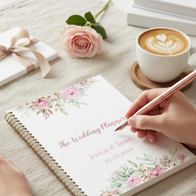 O Planejador De Casamento, Elegante Floral Sofisti (Soft lifestyle moment with a spiral planner for journaling and reflection)