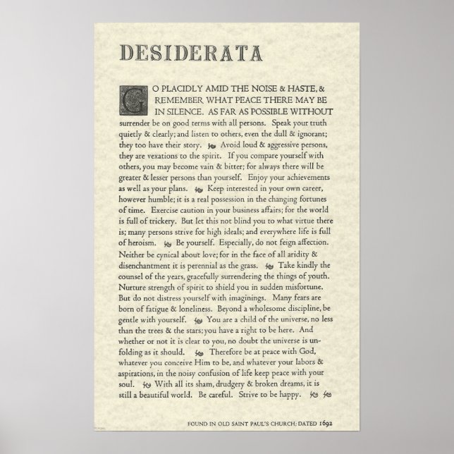 O Poster original de Desiderata por Max Ehrmann (Frente)