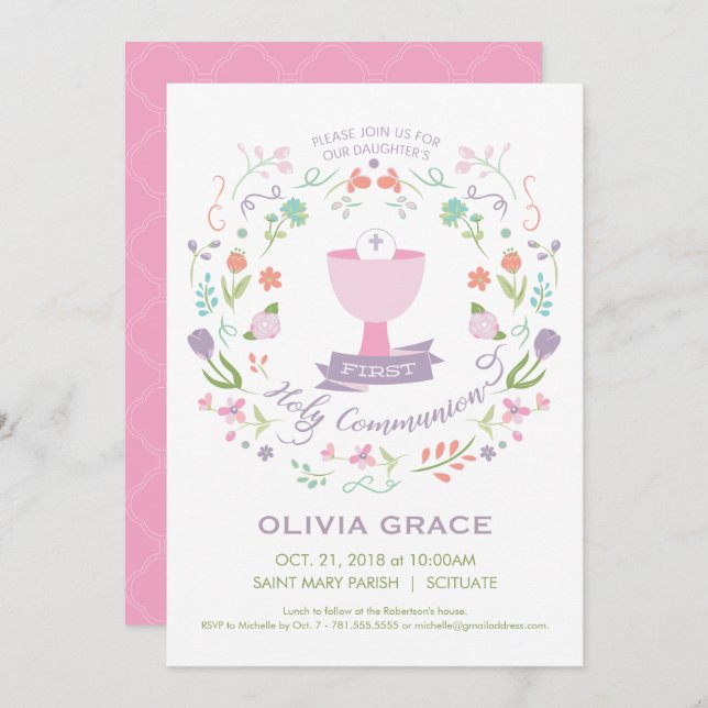 O primeiro convite do comunhão santamente, menina (Frente/Verso)