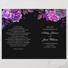 O programa de casamento preto dobrou. Flores roxas