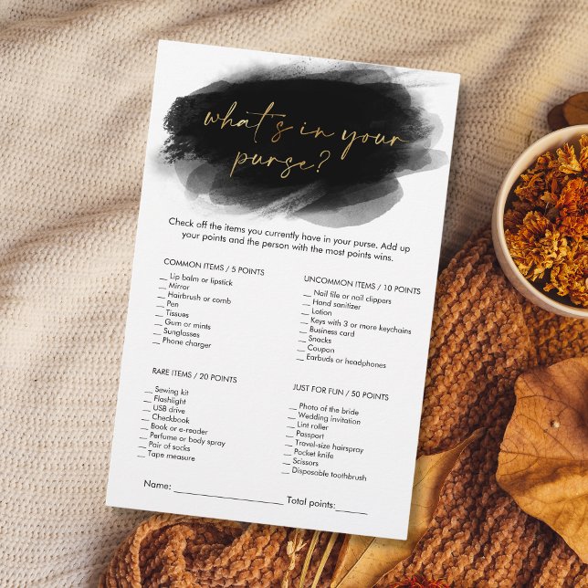 O que é Dourado moderno no seu jogo de Chás de pan (modern minimalist black and gold "WHAT's in your purse" bridal shower game)