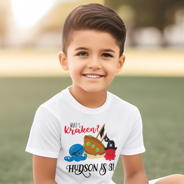 "O que é Kraken" Camiseta de Aniversário Infantil  ("What's Kracken?" Children's birthday party shirt. Features a pirate octopus ocean theme)