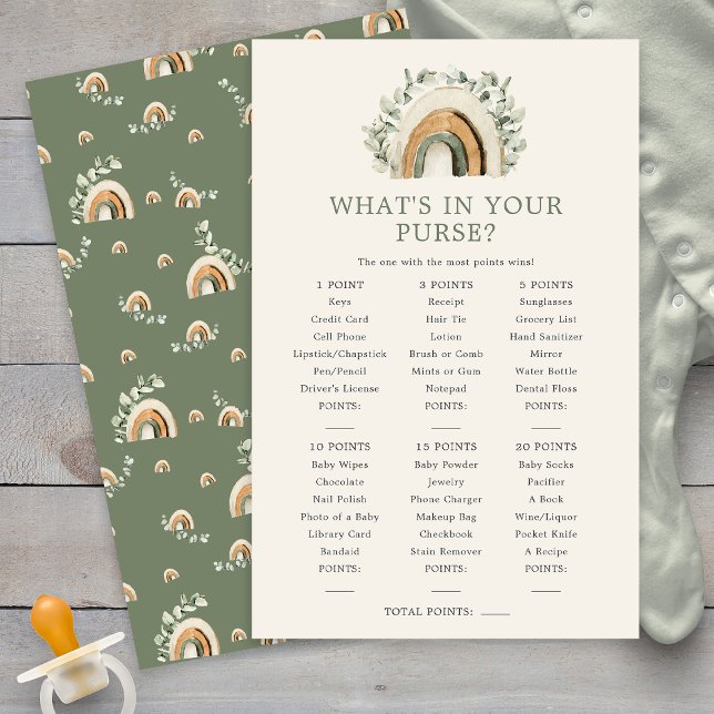 O Que Está na Sua Bolsa Bebê Jogo (Watercolor Sage Green Rainbow Boho What's In Your Purse Baby Game Card by Painted Paperie
)
