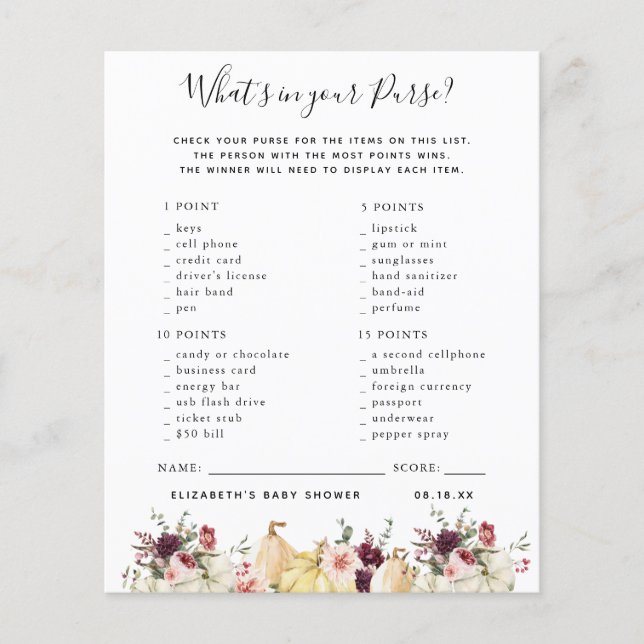 O que está na sua Bolsa | Jogo de Chá de Bebê (Frente)