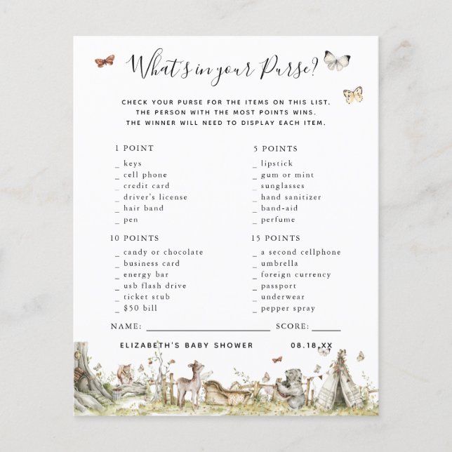 O que está na sua Bolsa | Jogo para Chá de Bebê (Frente)