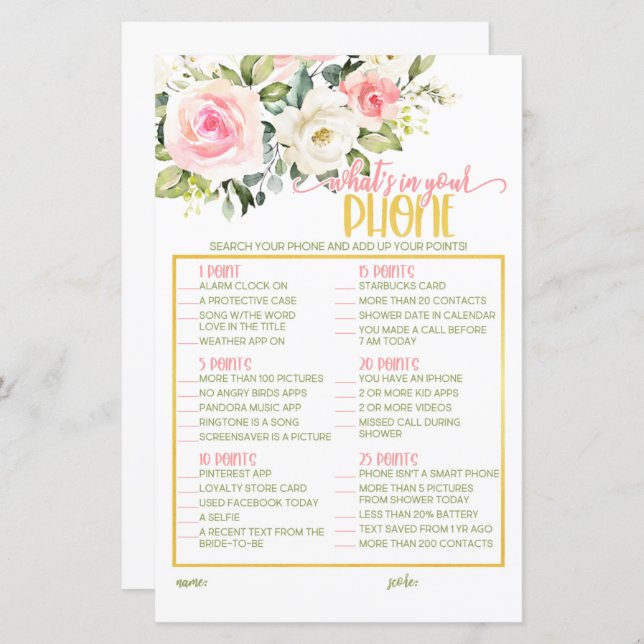 O que está no seu telefone - Floral Rosa e Dourado (Frente/Verso)
