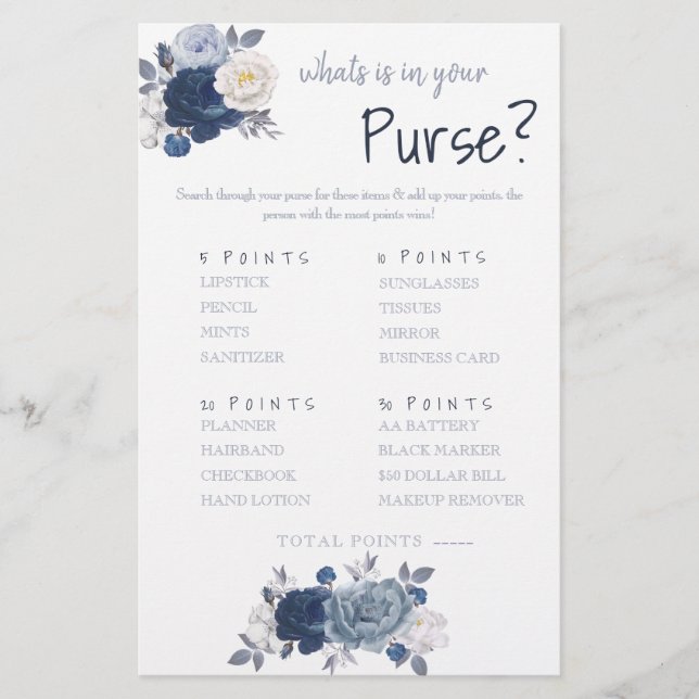 O que há na sua bolsa? Folheto do cartão de jogo (Frente)