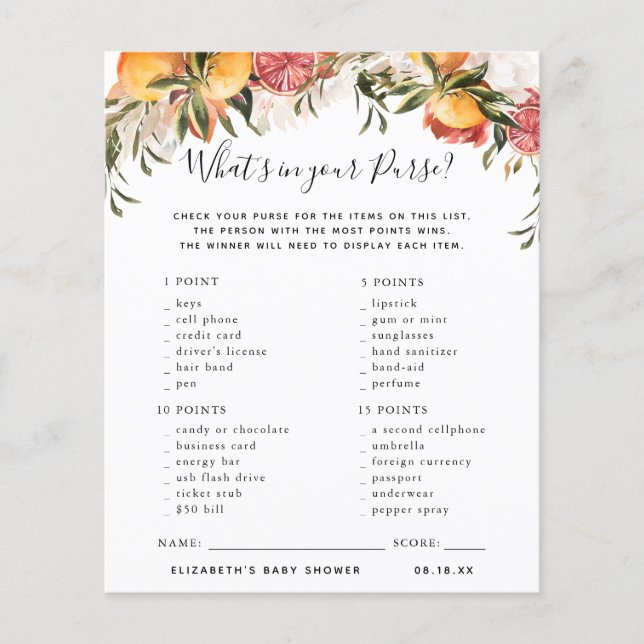 O que há na sua bolsa? | Jogo Chá de fraldas (Frente)