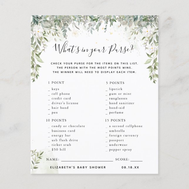 O que há na sua bolsa? | Jogo Chá de fraldas (Frente)