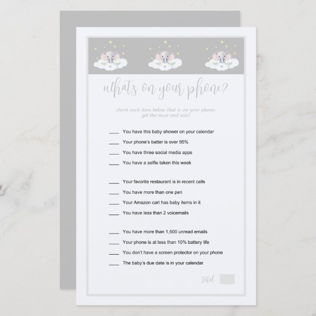 O que há no seu Chá de fraldas de elefante de jogo (Frente/Verso)