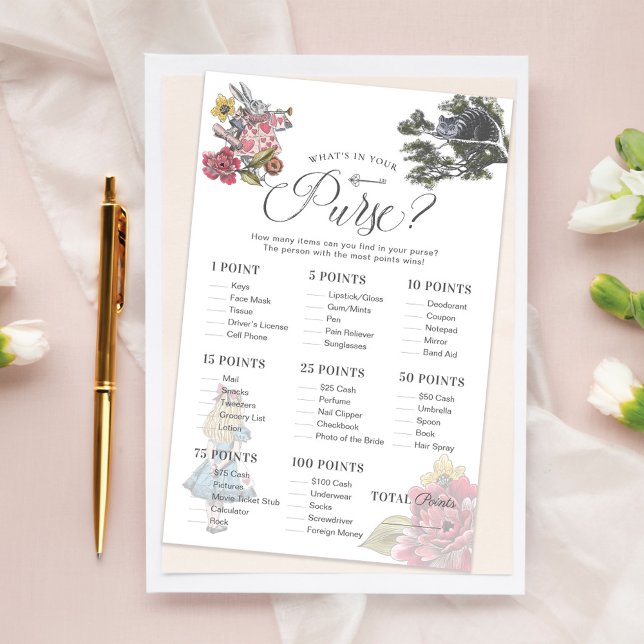 O que há no seu jogo de Chá Alice Wonderland (What's in Your Purse Alice Wonderland Shower Game)