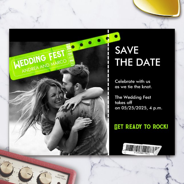 O show de tíquete Rock and Roll Wedding salva a da (Wedding Ticket Boarding Pass Music Festival Save The Date)