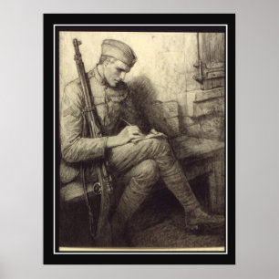 O soldado escrevendo uma letra no poster vintage