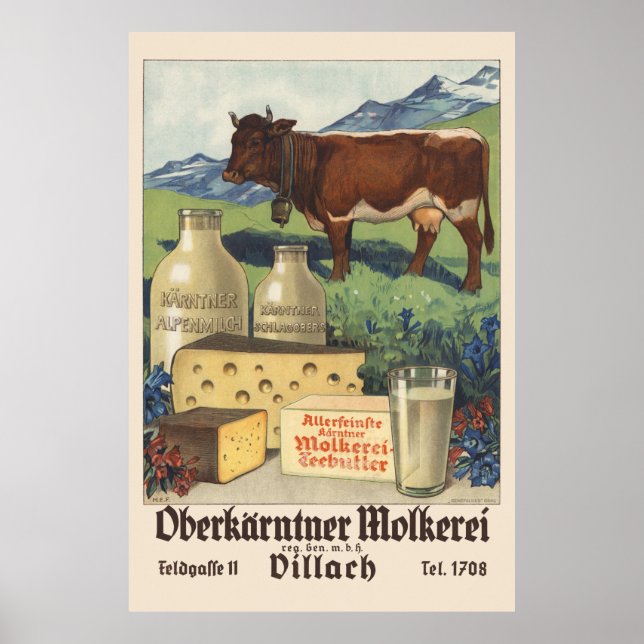 Oberkärntner Molkerei Áustria Poster vintage 1930 (Frente)