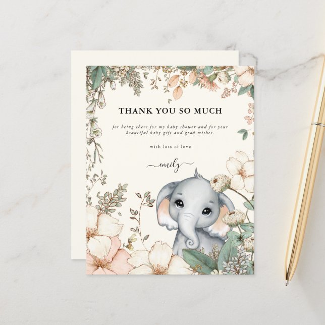 Obrigada pelo Chá de Bebê do Elefante Floral Orçam (Frente/Verso In Situ)