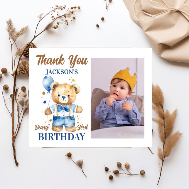 Obrigado de aniversário do urso Teddy, cartão com  (Beary first teddy bear themed birthday photo thank you card watercolor cute teddy bear with balloon)