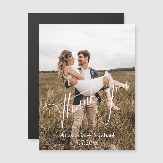 obrigado de letra moderna, foto do íman de casamen (Frente/Verso)