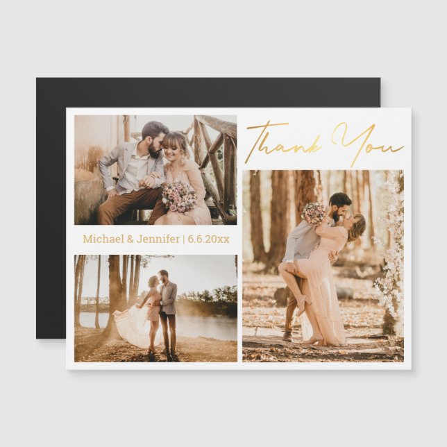 obrigado dourado, 3 fotos, colagem, imã de casamen (Frente/Verso)