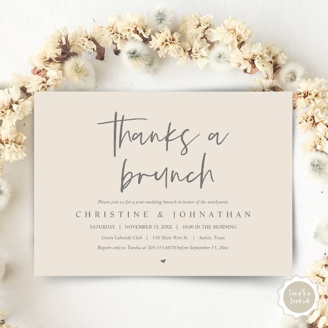 Obrigados de um convite para comemoração de casame (Thanks A Brunch, Wedding Elopement Invitation Card, PDF, Modern Wedding Party, Grey and Cream)