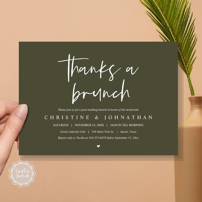 Obrigados de um convite para comemoração de casame (Thanks A Brunch, Wedding Elopement Invitation Card, PDF, Modern Wedding Party, Olive Green)