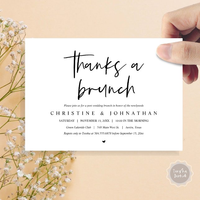 Obrigados de um convite para comemoração de casame (Thanks a brunch, post wedding elopement invitation card, PDF, modern script, black and white)