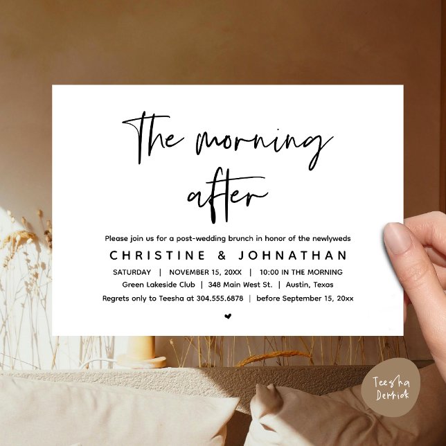 Obrigados de um convite para comemoração de casame (Thanks a brunch, The Morning After, post wedding celebration invitation card, PDF, White Black)