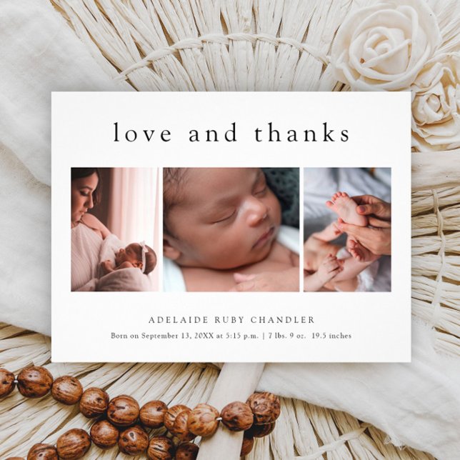 Obrigados e amor 3 Foto Novo Cartões de agradecime (Simple typographic love and thanks budget 3 photo birth announcement baby thank you card.)
