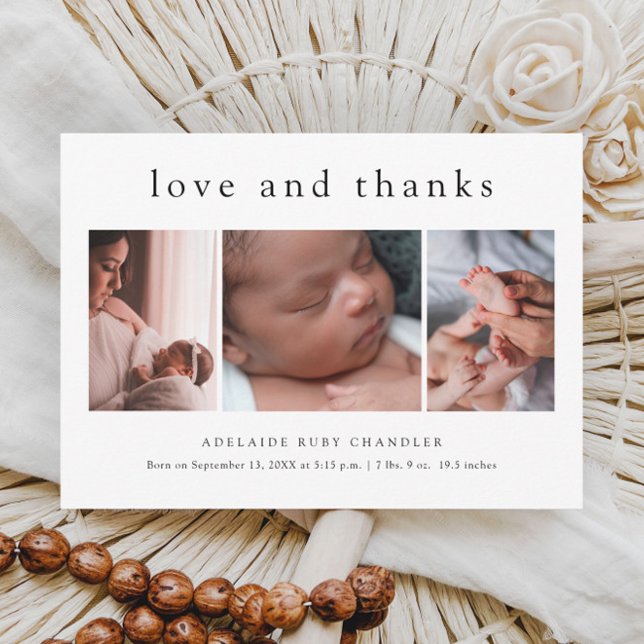 Obrigados e amor 3 Foto Novo Cartões de agradecime (Simple love and thanks 3 photo budget baby thank you card birth announcement.)