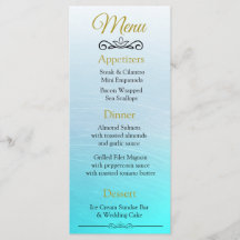 Oceanic Beach Themed Aqua Blue Weding Menu Card