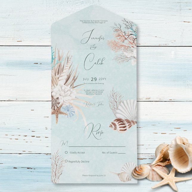 Oceano Aqua moderno e conchas sem Janto (Also available with a QR code or with dinner selection options.)