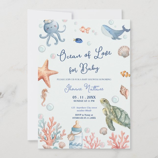 Oceano de amor para convite de chá de bebê na prai (Frente)
