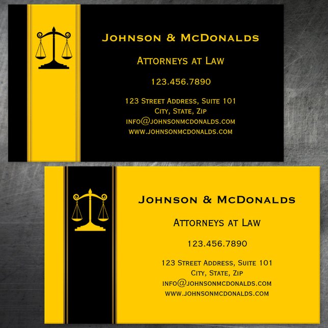 Ocher Black Dourado Law Offices Cartão de visita (Business card featuring scales to represent a law firm - lawyer - attorney at law - judge - legal)