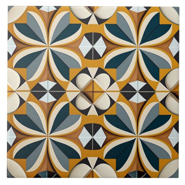 Ocre e Verde-azulado Geométrico Floral Retro (The complete printed tile design. Tiles sold individually.)