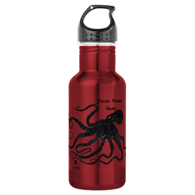 Octopus 6 Preto Em Vermelho - 18 oz. Garrafa de Ág (Frente)