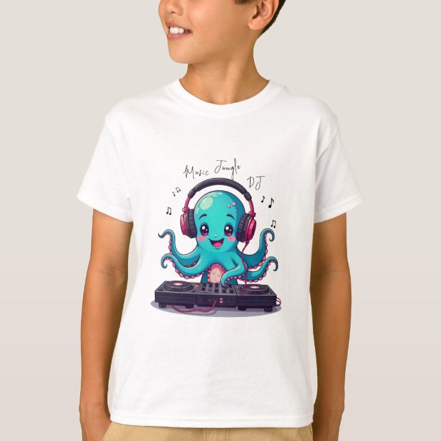 Octopus DJ sorridente, Feliz Camiseta Selva de Mús (Frente)