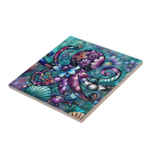 Octopus Floral Teal Roxo Azul Costeira