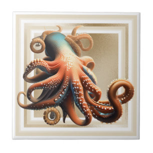 Octopus laranja azul 3D dourado náutico praia chic
