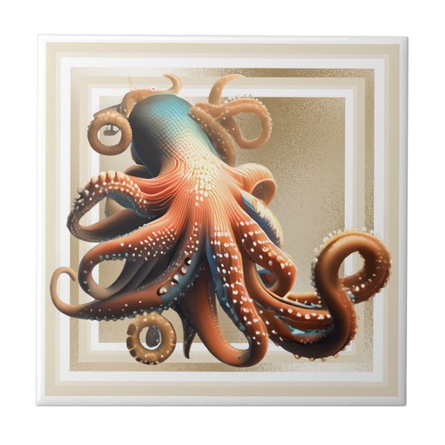 Octopus laranja azul 3D dourado náutico praia chic (Frente)