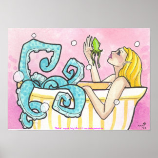 Octopus Mermaid em Bathtub fantasia art poster