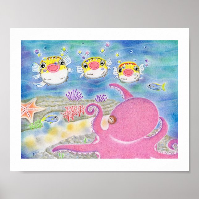 Octopus Porcupinefish Singing Nursery Art Poster (Frente)