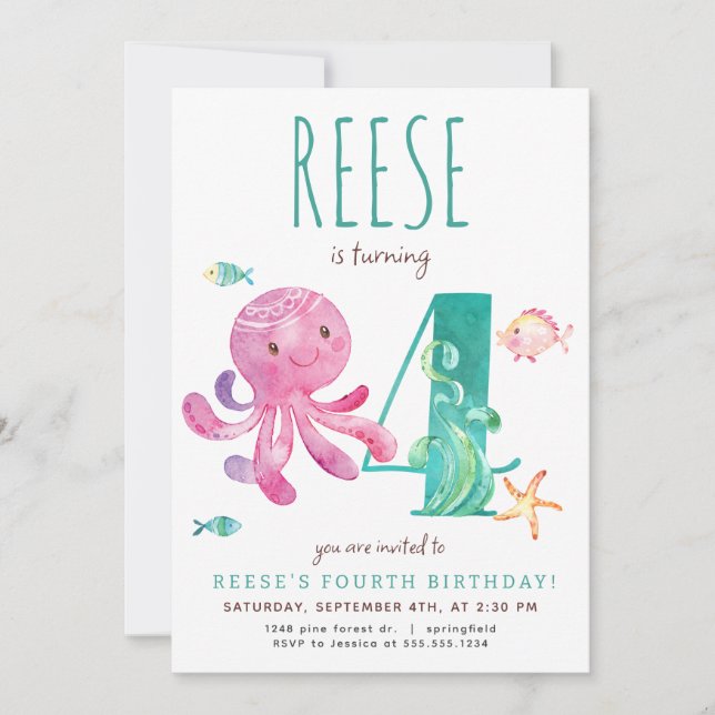 Octopus Quarto Convite de Aniversário (Frente)