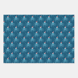 Octopus Santa Hat Feriado Azul Natal