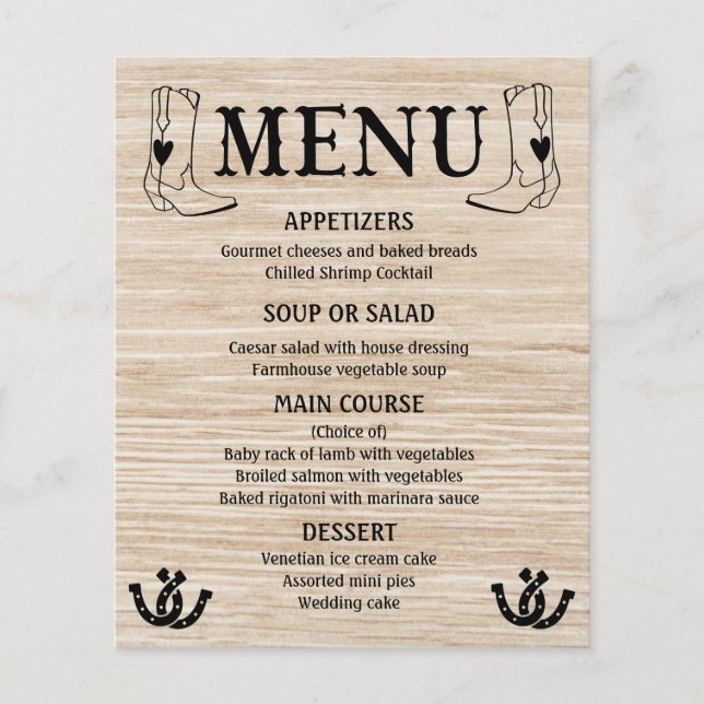 Oeste Menu País Casamento Cowboy Boots Wood (Frente)