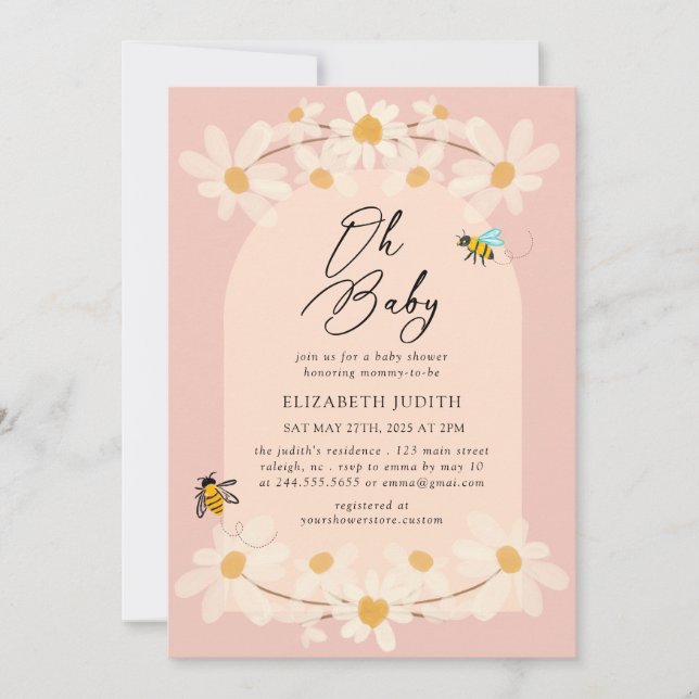 Oh Baby Floral Daisy Bees Convite para Chá de fral (Frente)
