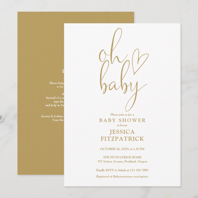 Oh Baby Gold Script Convite de Chá de Bebê Tudo em (Frente/Verso)