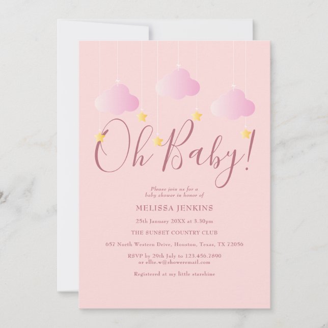 Oh Baby Rosa Brilho Brilho Convite de Chás de Bebê (Frente)