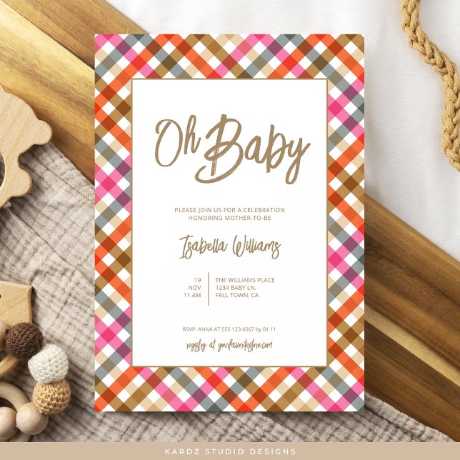 Oh Baby Script Gingham Chá de fraldas Convite (Invite shown in 5 x 7 inches, choose size, paper and corner style. Buy print or digital invitations.)