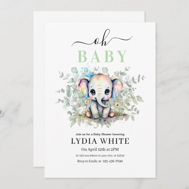 Oh bebê Elefante Convite para Chá de fraldas, Meni (Frente/Verso)