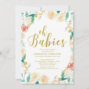 Oh Bebês Convite Floral de Pêssego com Brilho para