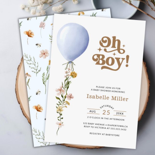 Oh Boy Blue Balloon Chá de fraldas Floral Convite (Oh Boy Blue Balloon Floral Baby Shower Invitation)